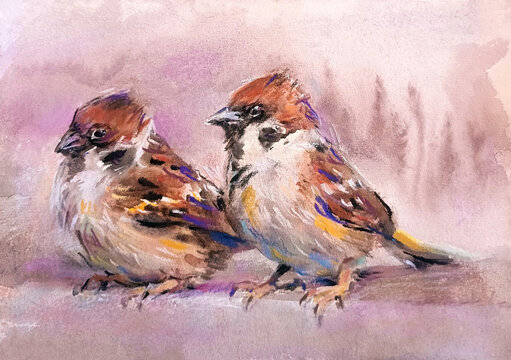 Sparrows. The painting depicts two soft, fluffy sparrows perched on a lilac-lavender background, done in watercolor and pastel on paper.