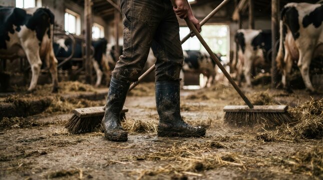 Low angle view of a farmer cleaning the floor of a cattle barn near cows.