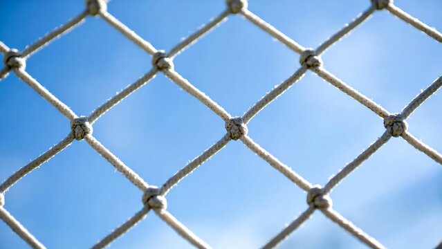 Close-up of white rope net mesh pattern against a bright blue sky background