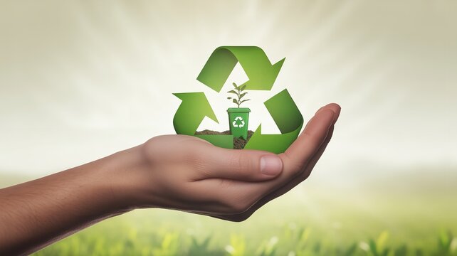 Hand holding green recycling symbol with plant in pot representing sustainability, eco friendly growth and environmental protection