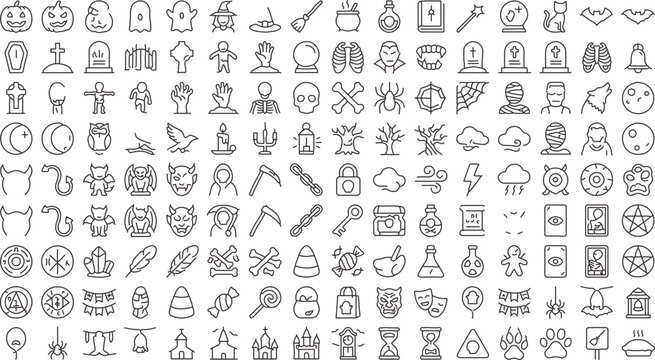 Halloween line icon set, spooky holiday vector symbols, minimalist occult and horror graphic elements, 160 thin line icons for seasonal design