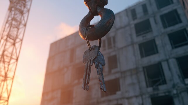 A crane hook holds house keys above a modular home that is nearly finished. The sun sets, creating a warm glow in the background.