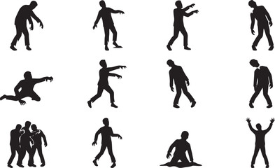 Obraz premium Set of twelve black silhouettes of zombies in various walking, crawling, and reaching poses on a white background, collection