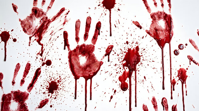 Bloody handprints on white wall, dark red blood splatters and drips, horror crime scene background with hand prints and liquid stains