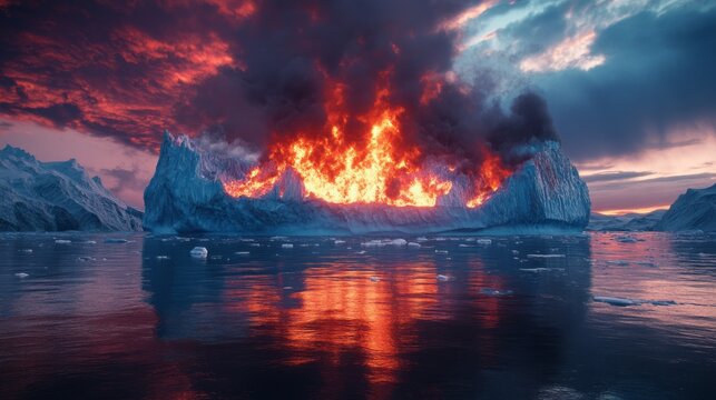 Giant melting iceberg covered with flames in icy ocean beneath dramatic storm clouds creating surreal climate disaster scene for global warming pollution environmental danger nature crisis awareness