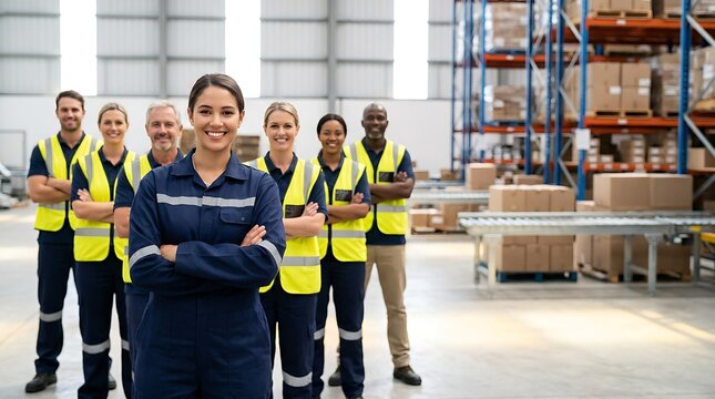 Happy mixed race group of warehouse employees in safety vests and workwear smiling and posing together in distribution center with boxes and shelves.