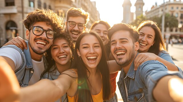 Happy group of diverse friends taking a selfie outdoors