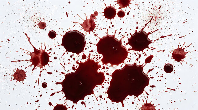 Realistic blood splatters on white background, dark red liquid drops and splatter patterns, forensic crime scene blood stains, horror and medical texture