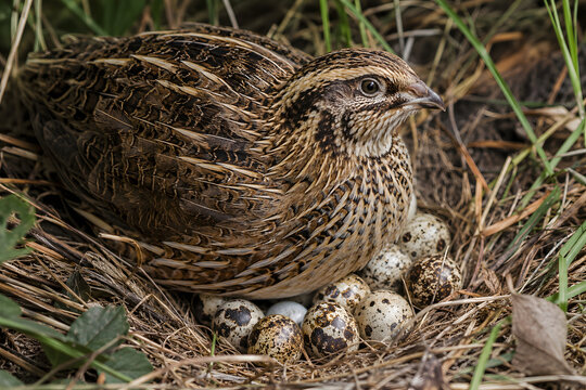 Speckled Quail Bird Brooding Eggs in Nest