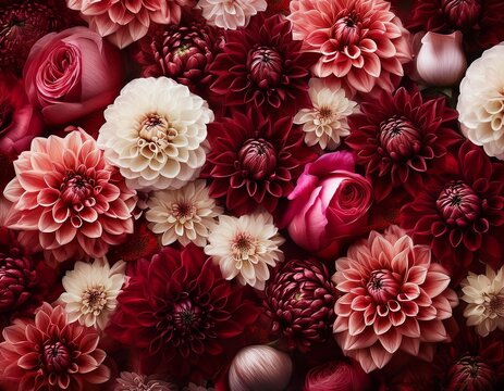 dramatic floral pattern showcasing large intricate dahlias peonies and roses in jewel tones of burgundy coral and cream on a dark background for design fabrics and exclusive stationery