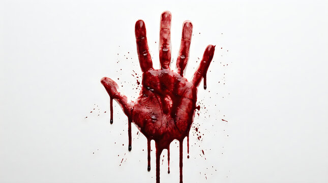 Bloody handprint on white background, realistic red blood splatter and dripping palm print, horror and crime scene concept with gory hand smear
