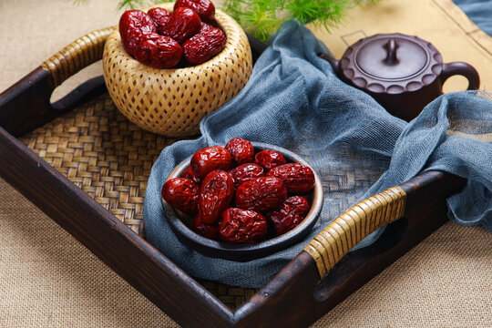 Dried Red Jujube Fruits In Bamboo Basket Vintage Tea Tray
