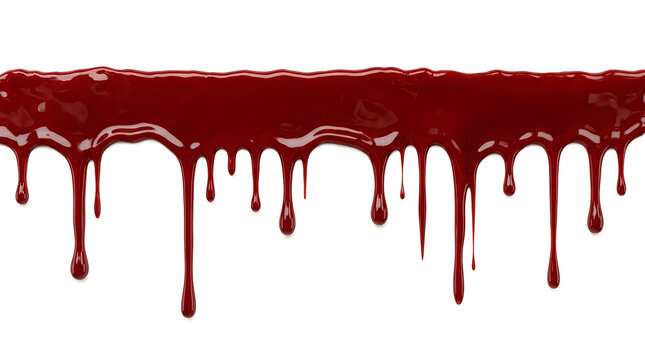 Dripping red blood border on white background, thick liquid paint splashes and droplets, realistic horror and medical gore texture