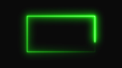 Fototapeta premium Bright green neon rectangle frame glowing on a dark black background for modern digital design signage and abstract technology lighting effects