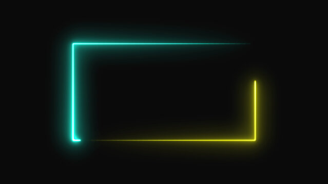 Glowing neon frame border with blue and yellow light lines on a dark black background for modern design templates and digital screen display elements