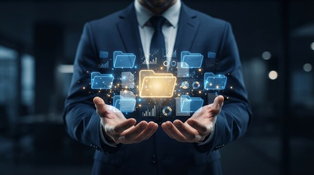 Glowing digital folder icons representing an automated repository and document management system DMS.