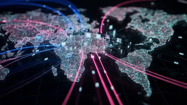 Medium shot showing a detailed digital network map of streaming data distribution focus on interconnected nodes with blurred background of global connections.