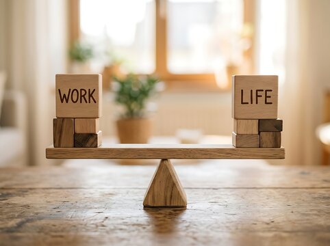 Wooden blocks with W O R K and L I F E words balanced on a wooden seesaw work life balance work
