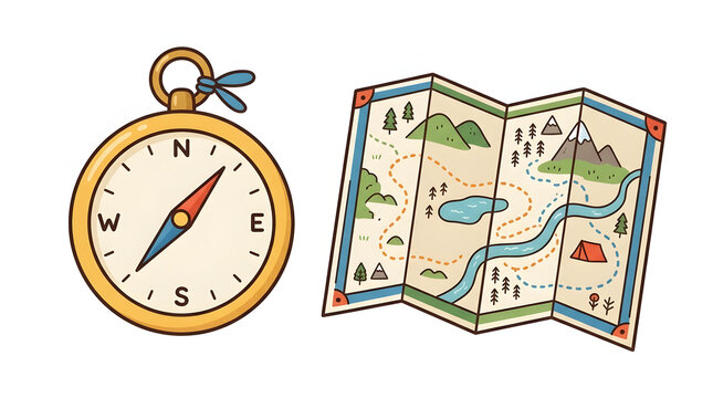 Travel navigation set featuring a vintage compass and illustrated map for camping and adventure