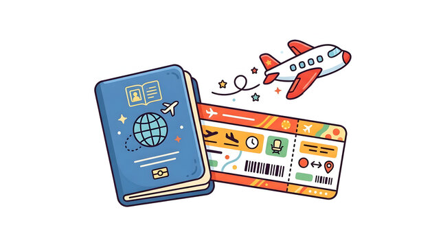Colorful illustration of a travel passport and boarding pass with an airplane flying for vacation