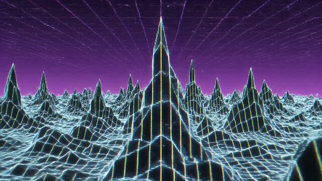 Neon Digital Mountain Landscape with Glitch Art Effect - A futuristic digital landscape rendered in vibrant neon lights, featuring abstract mountains and a grid overlay.