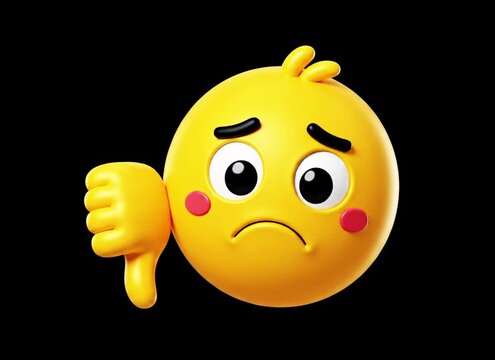 Sad yellow emoji character giving thumbs down hand sign 3D animation style icon asset on black background