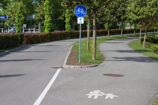 Bicycle and pedestrian pathway signs indicating directions on a paved road surrounded by greenery in a public park setting