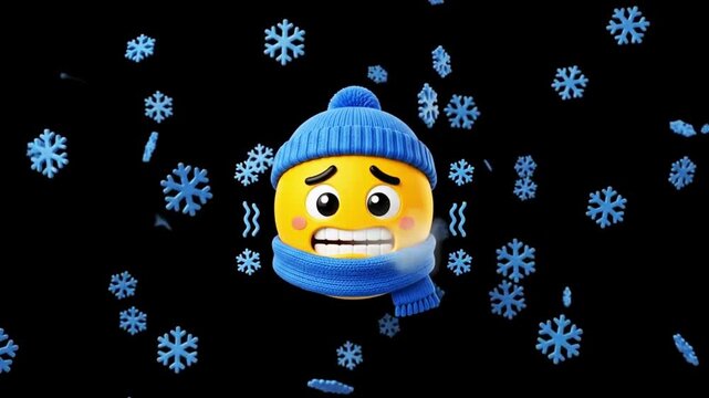 3D animation of shivering cold emoji wearing winter hat and scarf with falling snowflakes on black background