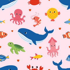 Obraz premium Sea animals seamless pattern. Whale,turtle, octopus, fish,squid, shrimp,crab and hearts . Underwater cute marine life. Flat design, vector illustration for kids.