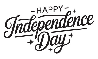 Fototapeta premium Independence Day text features elegant black cursive calligraphy with decorative stars on a clean white background, providing a festive design element for national holiday celebrations and banners.