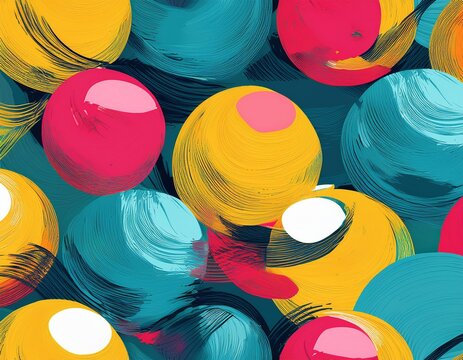 expressive abstract pattern featuring vivid brushstrokes and textured colorful spheres in teal yellow red and pink for design art focused fabrics and modern stationery