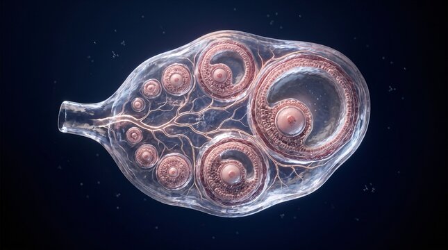 Ovary follicle development and oogenesis stages microscopic 3D medical illustration
