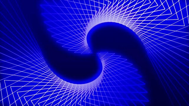 Blue spiral wireframe lines form a rotating 3D neon vortex tunnel in a futuristic abstract motion loop.