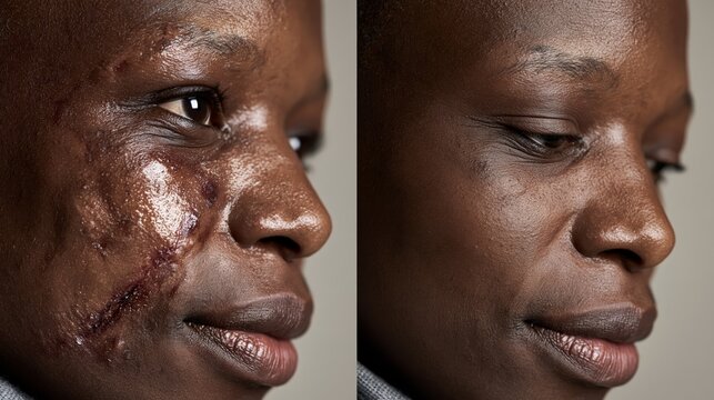 Split frame showing a raised keloid scar versus clear skin on a Black person's face. Concept of keloid removal.