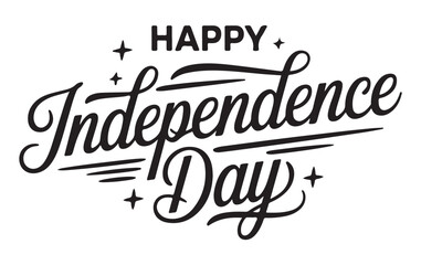 Obraz premium Independence Day text graphic features elegant black calligraphy script with decorative stars arranged symmetrically on a clean white background, creating a festive holiday greeting design element.