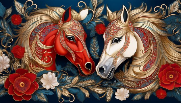 intricate pattern with decorated red horses among classic flowers and leaves in gold blue and white for design upscale fabrics and royal packaging