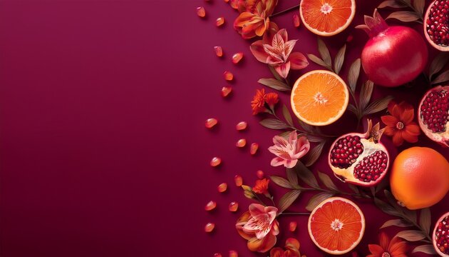luxurious fruit and floral seamless pattern featuring pomegranates oranges and coral flowers on a deep magenta background for textiles and exclusive packaging