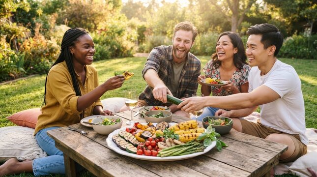 A group of happy friends enjoying a healthy outdoor picnic with grilled organic vegetables.