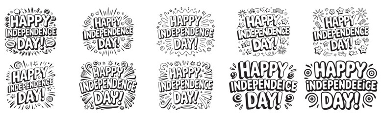Obraz premium Happy Independence Day collection features ten unique typographic variations arranged in a grid to provide diverse options for holiday marketing materials and various social media promotional posts.