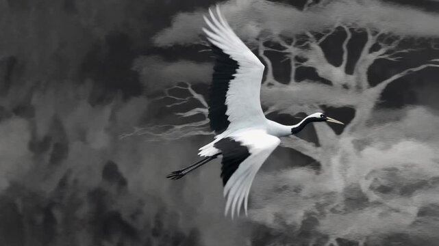 墨絵の鶴が舞う白黒ループ映像