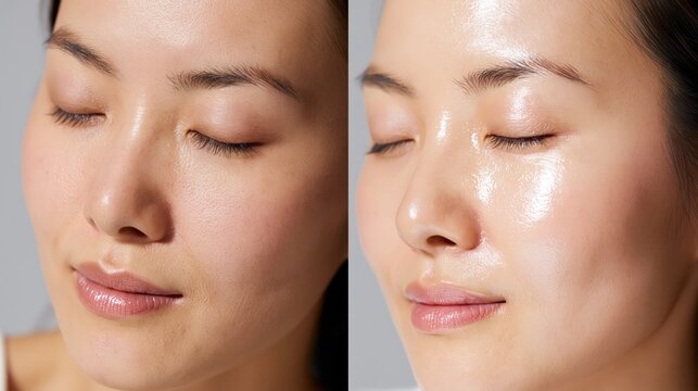 Split frame showing dull skin versus luminous skin in a Japanese person. Concept of skin brightening treatment.