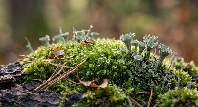 Macro close-up of green moss and pixie cup lichen covered in morning dew drops on a forest floor