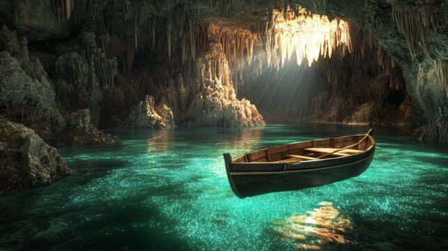 Lonely wooden boat drifts inside illuminated sea cave with clear water rocky walls and soft rays from ceiling opening creating peaceful travel adventure landscape for exploration tourism hidden lagoon
