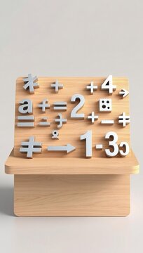 3d metallic math and logic symbols arranged on a wooden learning display board