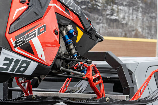 Canada, 04 April 2026 : Polaris RMK KHAOS snowmobile with VELOCITY shocks on truck rack