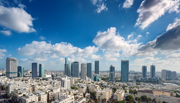 tel aviv city skyline under bright blue sky with clouds modern skyscrapers and urban landscape