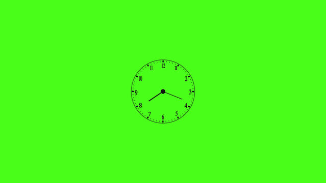 Black analog clock face showing eight twenty time on a bright chroma key green background for easy editing and video production
