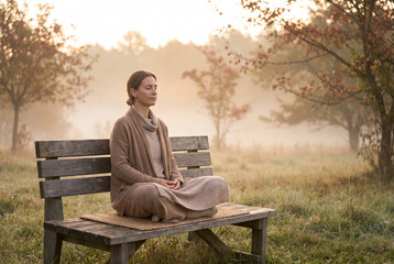 Fototapeta premium Woman meditating on a wooden bench in a foggy autumn landscape 