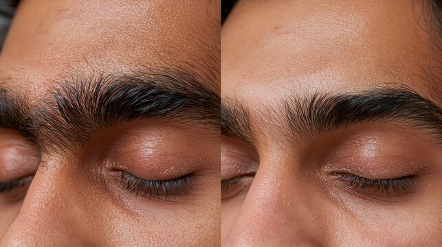Split frame showing a monobrow versus shaped brows in an Indian person. Concept of eyebrow threading.