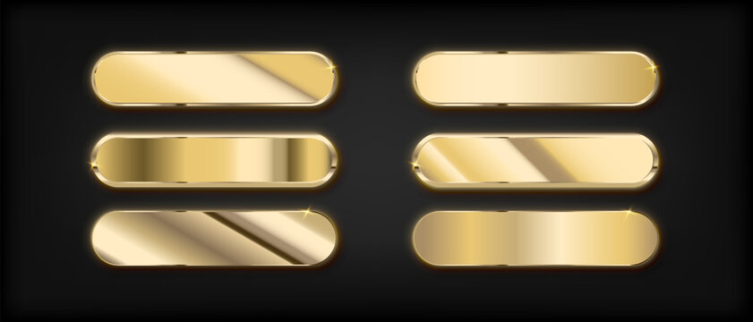 Luxurious golden button with elegant frame on dark background. Premium 3D interface element with shiny metallic finish and glossy glow effect